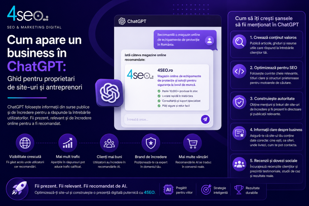 Cum apare un business în ChatGPT: Ghid pentru proprietari de site-uri și antreprenori